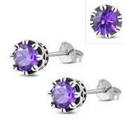 Vintage Royal Crown Celtic Amethyst CZ Sterling Silver Stud Earrings - e455